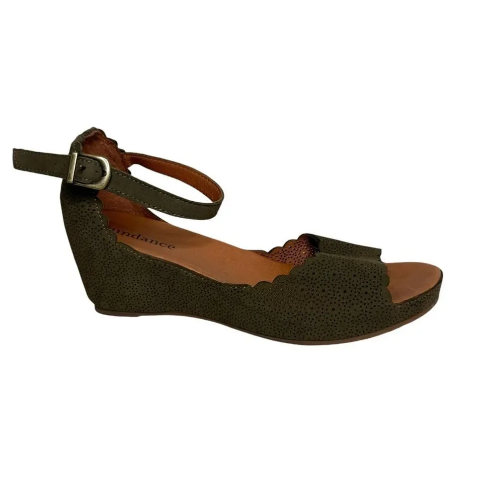 Sundance Olive Leather Laser Cut Wedge Sandals Size 39 New Vacation Capsule